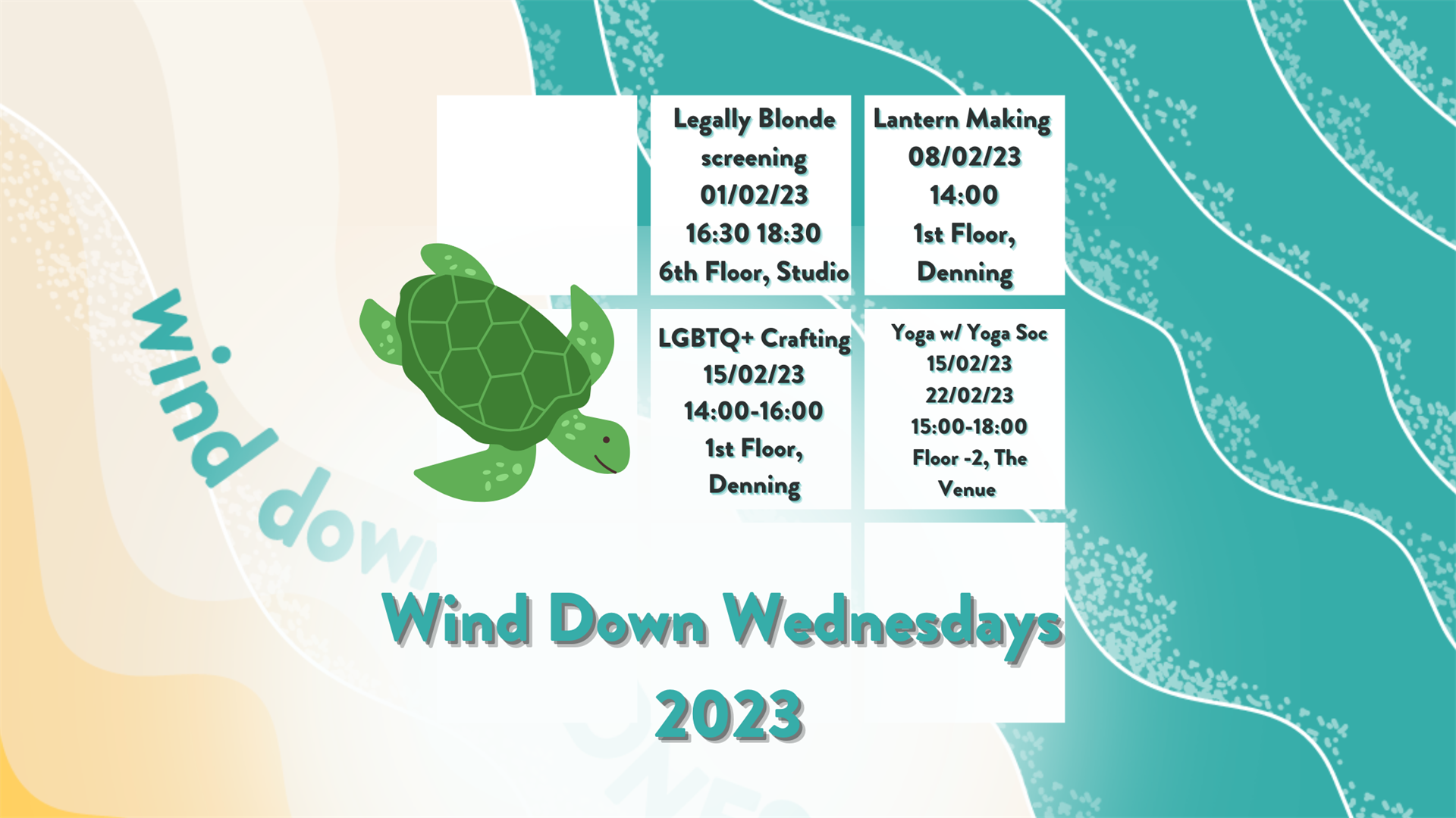 An illustration of a green turtle next to a 22 grid in each box there is text describing wdw events