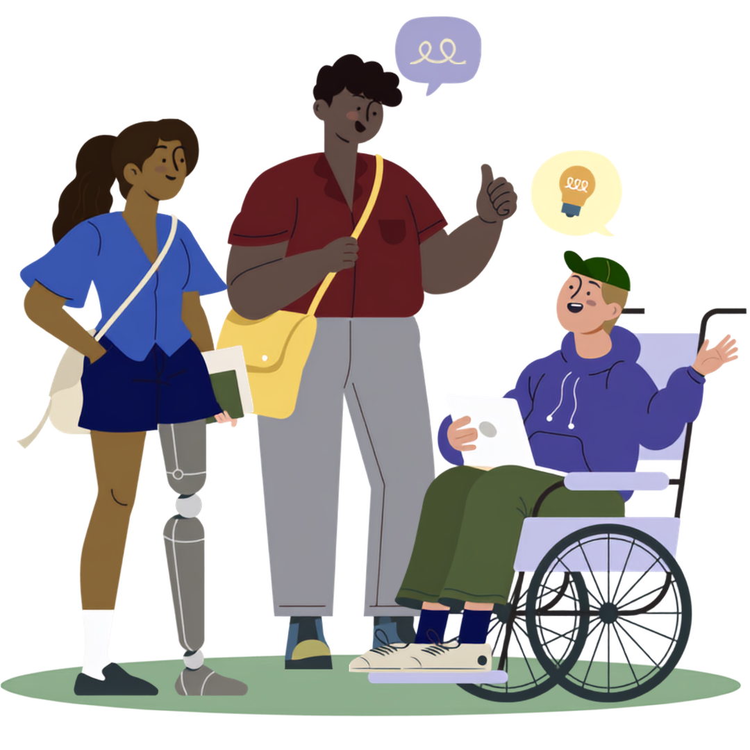 illustration of three people talking. one person has a prosthetic leg and another is in a wheelchair.