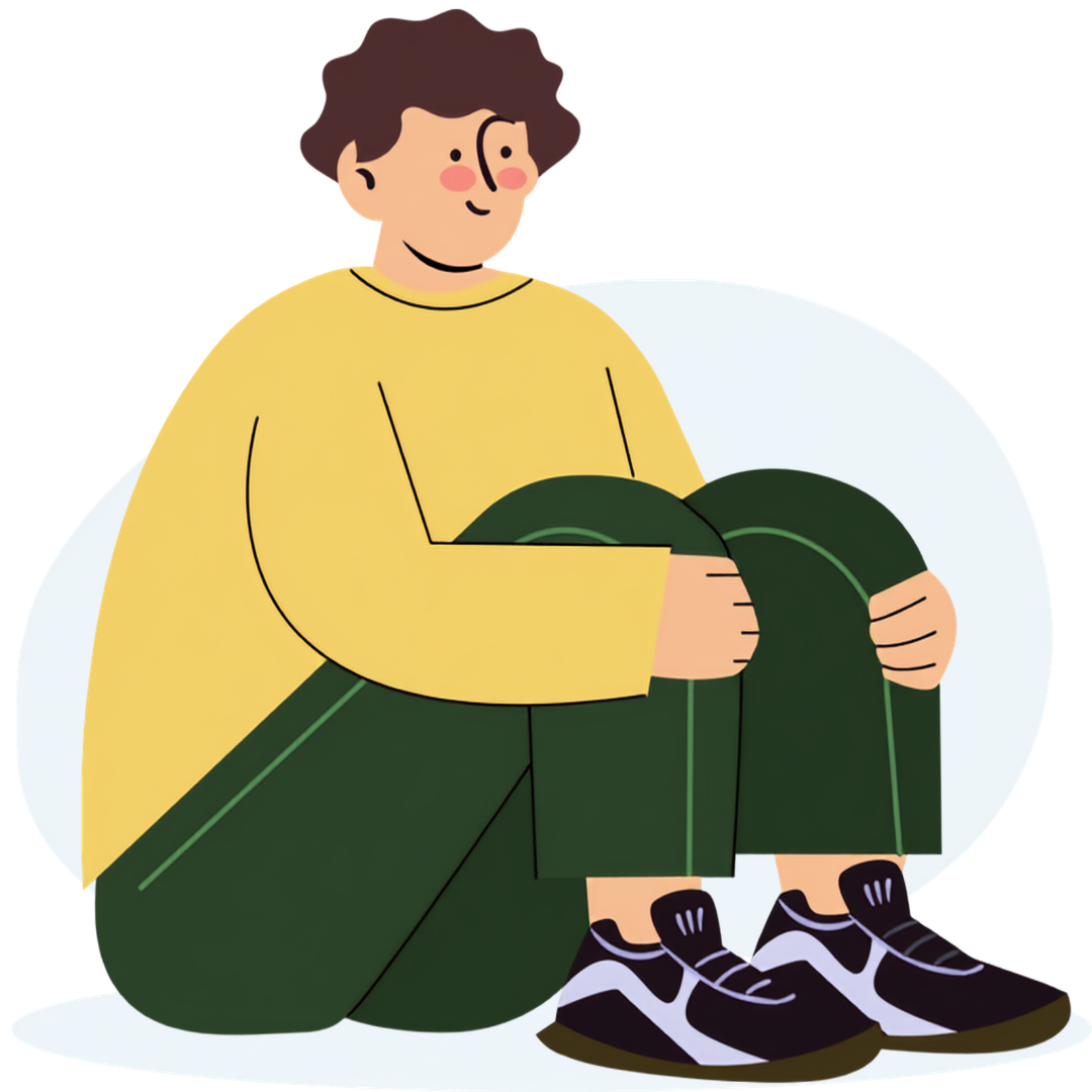 an illustration of someone sat down with their hands around their knees.