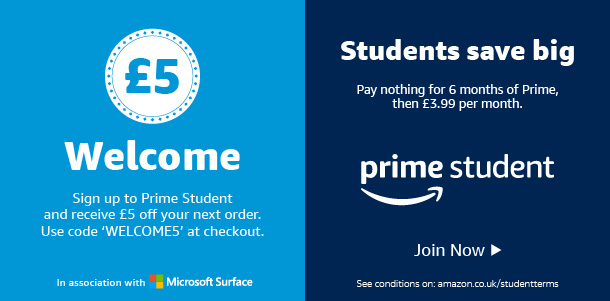 Amazon Prime Student banner advertising £5 off your next order
