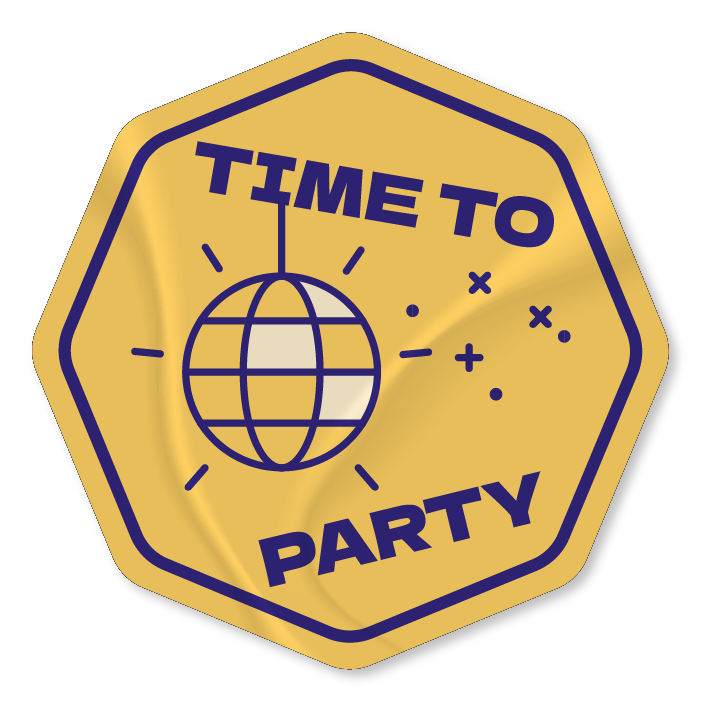 An illustration of a sticker that says 'party time'